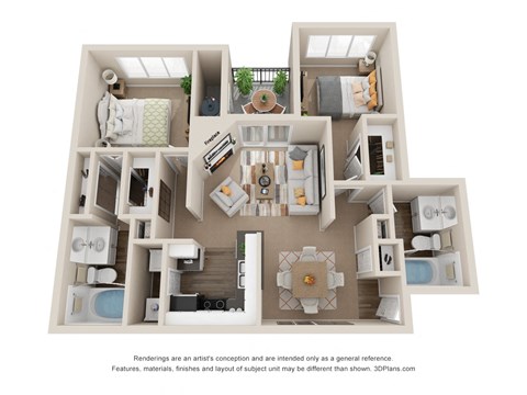 Floor plan for 2 beds, 2 baths, 1100 sqft